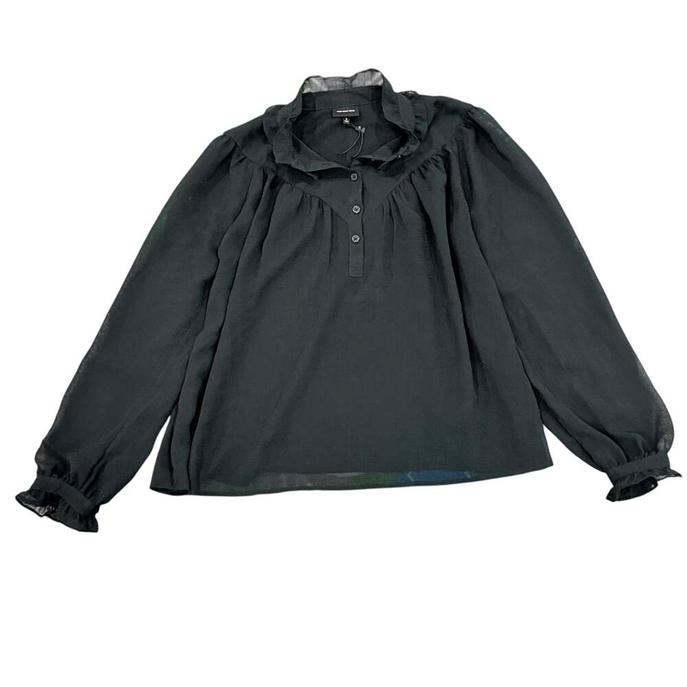 Women’s Who What Wear Black Ruffle Neck Long Sleeve Henley Blouse